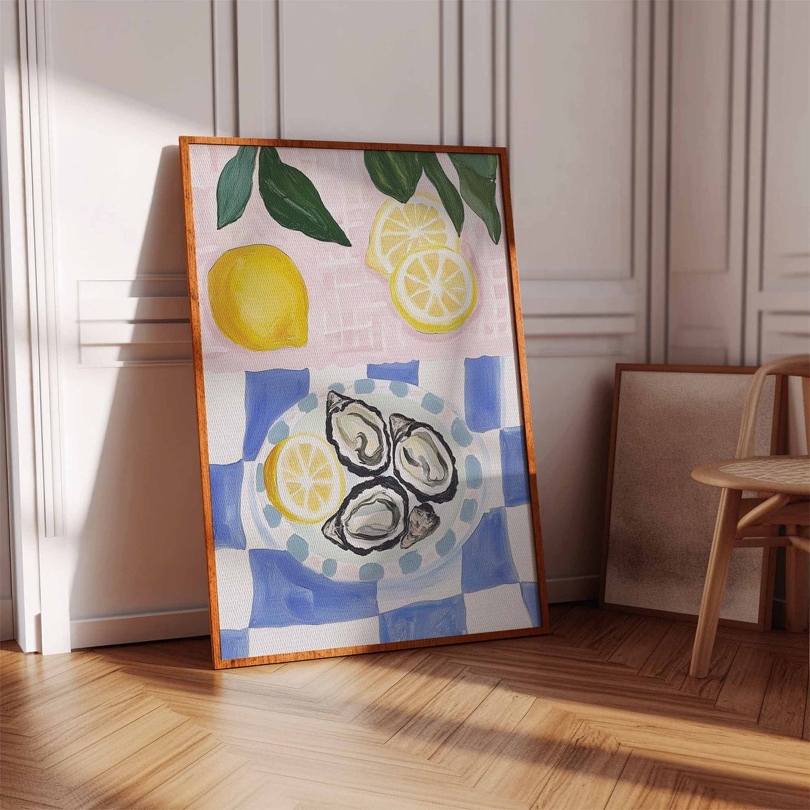 Oysters Lemon Slices Blue Gingham Coastal Kitchen Food Wall Art - Image 2