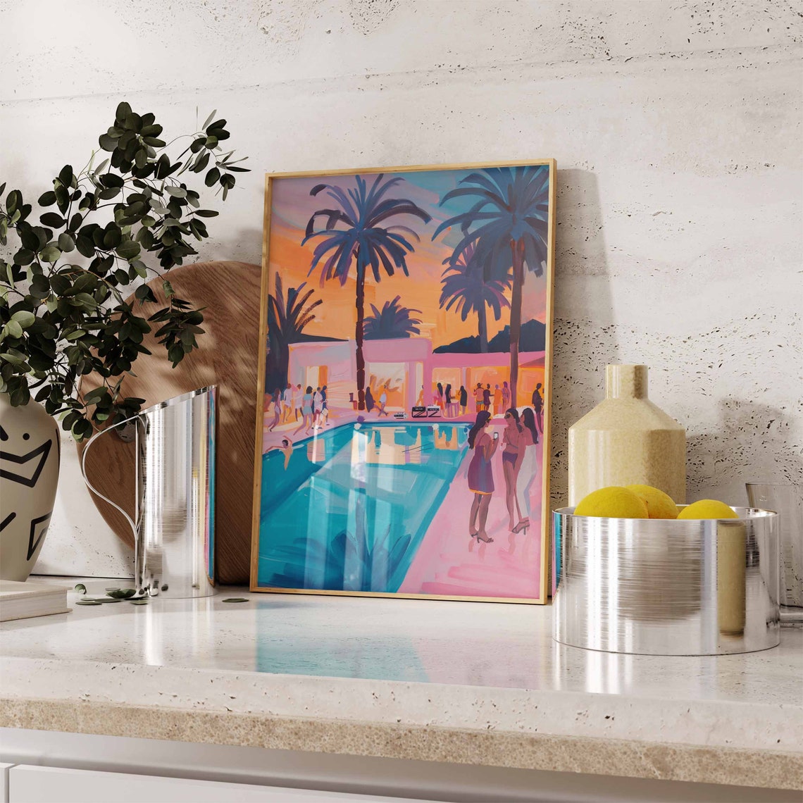 Evening Tropical Pool Party Palm Trees Sunset Scene Art Poster - Image 2