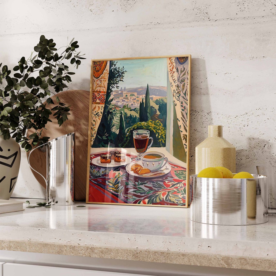 Tea and Cakes City View Window Patterned Rug Table Art Poster - Image 2