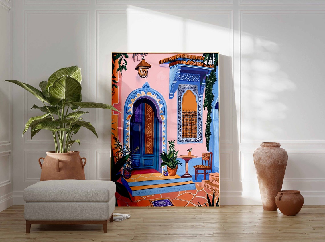 Vibrant Moroccan Courtyard Blue Door Pink Wall Illustration Print - Image 2