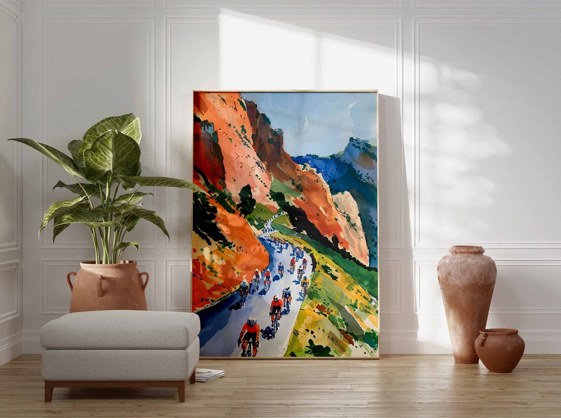 Road Cyclists Riding Through Orange Rock Canyon Passage Poster - Image 3