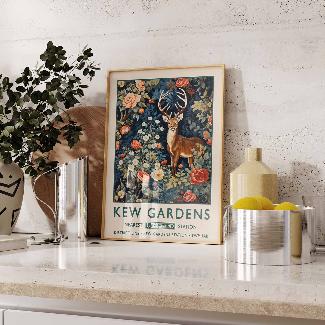 Kew Gardens Stag Floral London Travel Poster Vintage Botanical Art - Image 2