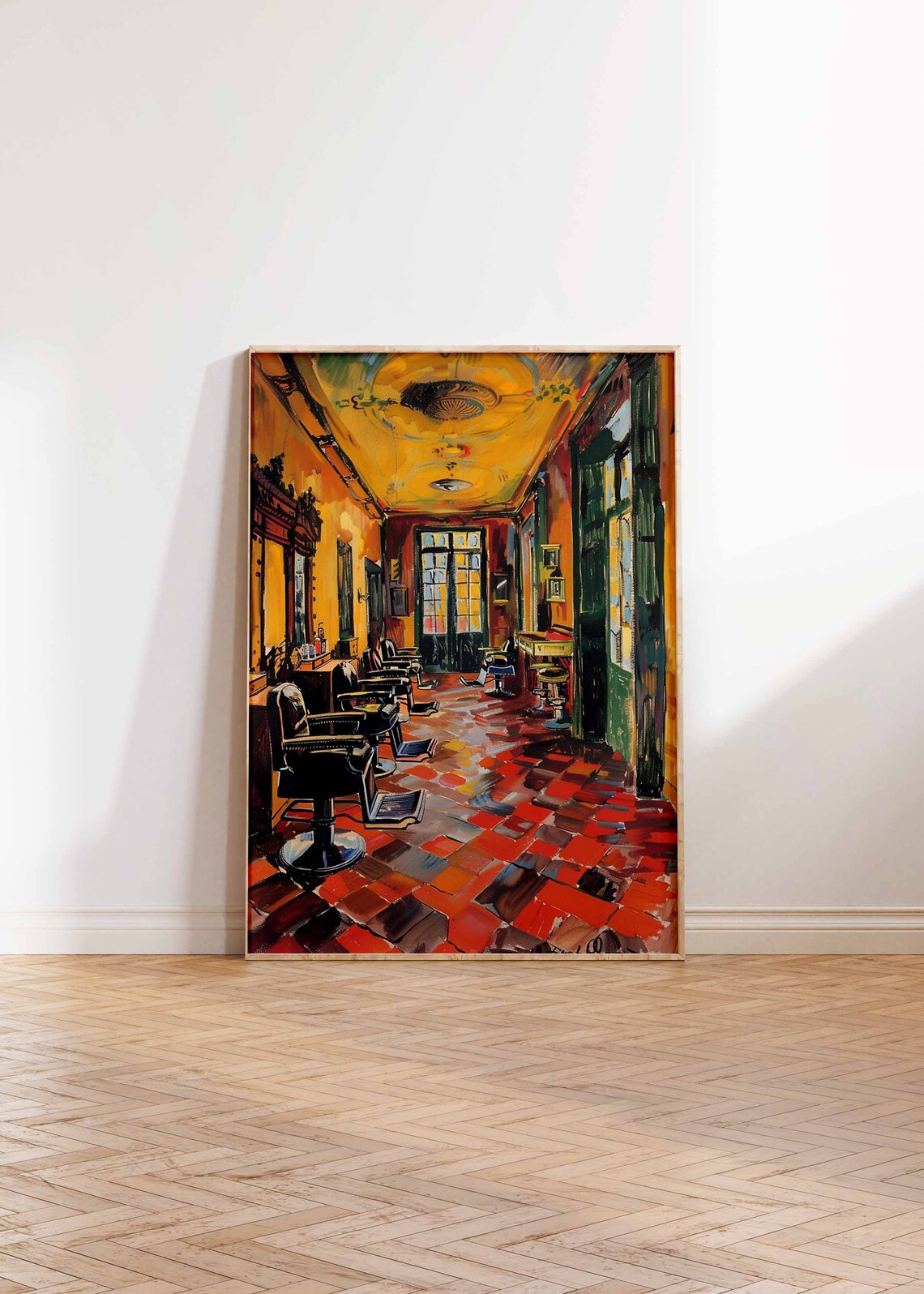 Golden Yellow Vintage Barbershop Red Floor Retro Barber Interior Print - Image 2