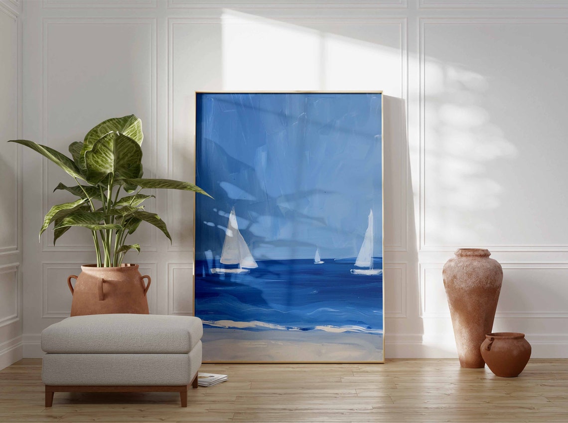 Three Sailboats on Deep Blue Sea Beach Minimalist Nautical Poster - Image 3