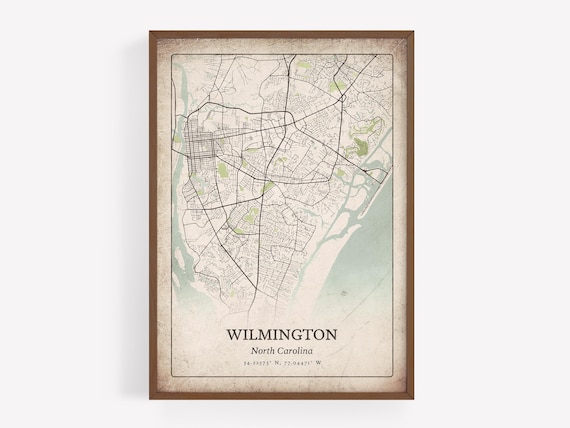 Vintage Wilmington North Carolina City Street Map Distressed Wall Art