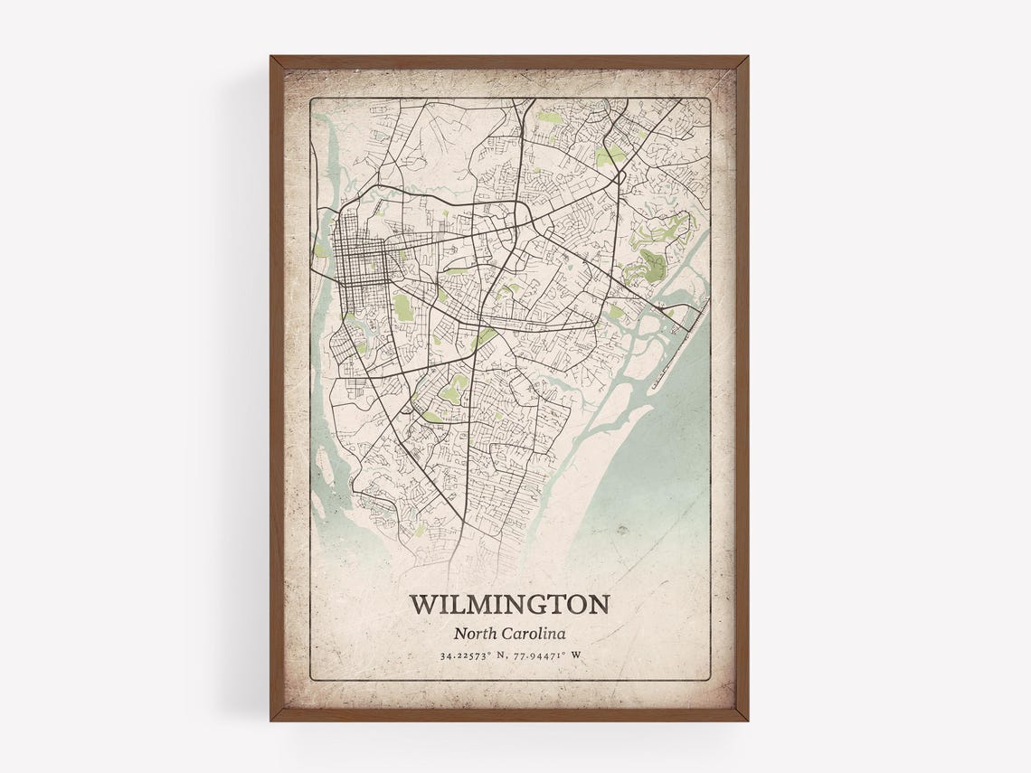 Vintage Wilmington North Carolina City Street Map Distressed Wall Art