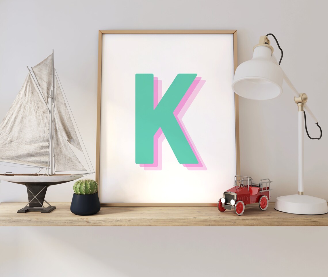 Retro 3D Letter K Monogram Print, Baby Letter Art - Image 2