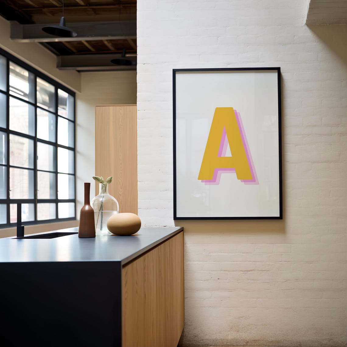 Retro 3d A Alphabet Art Letter A Print Bold Typography In Yellow And Pink Initial Wall Art Initial A Retro Wall Decor - Image 2