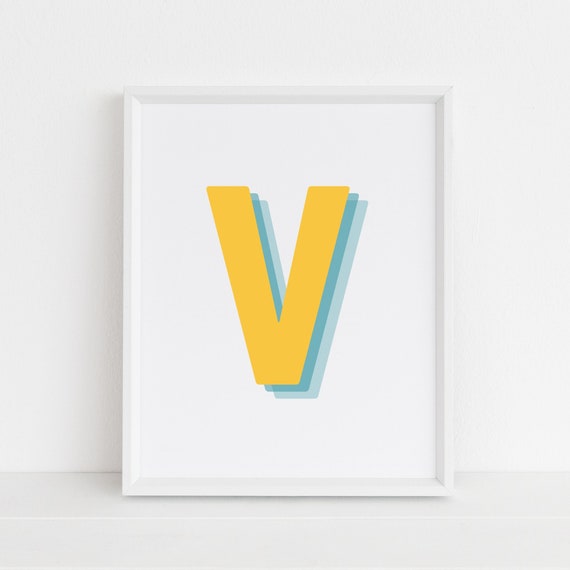 Retro 3d V Letter Print Monogram Alphabet Baby Lnitial Wall Downloads Art