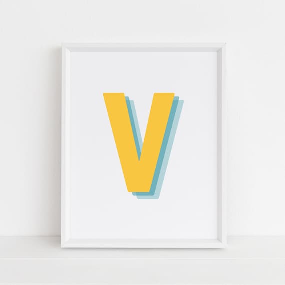 Sunshine Yellow Letter V Retro Monogram Alphabet Wall Decor Print