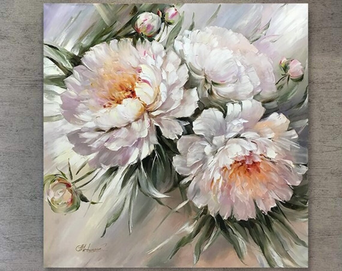 Abstract Peonies Painting Original Peony Wall Art Big Flower Painting Pastel Color Artwork White Peony Oil Painting 36x36 Large Floral Art - Image 3