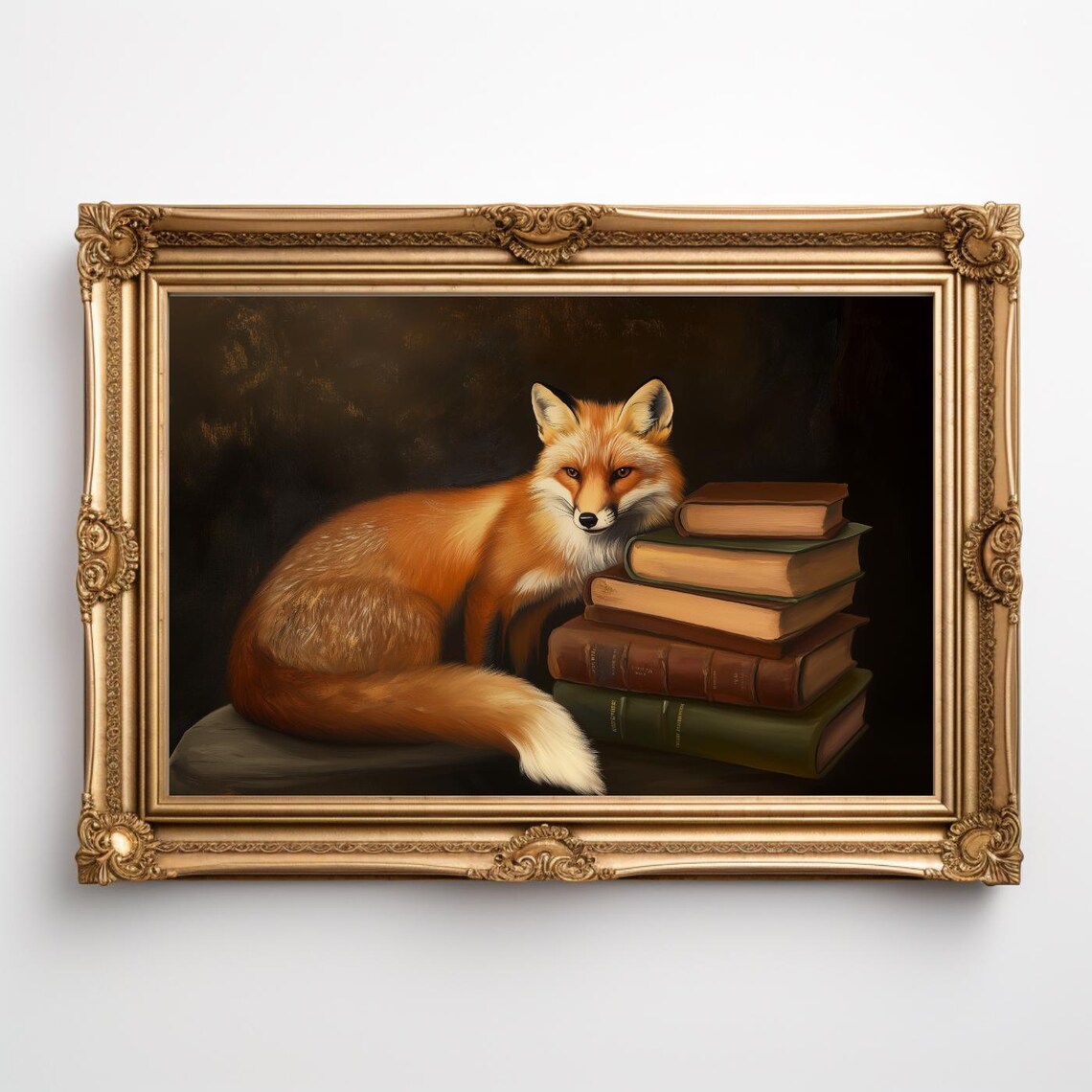 Red Fox Resting Beside Stack of Old Books Dark Academia Poster - Image 4