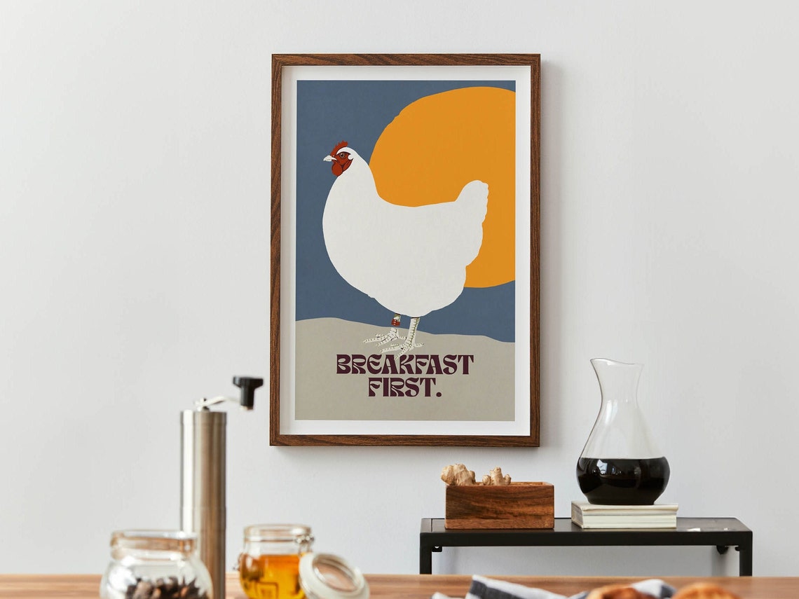 Breakfast First Funny Hen Modern Retro Farmhouse Kitchen Decor Poster - Image 2