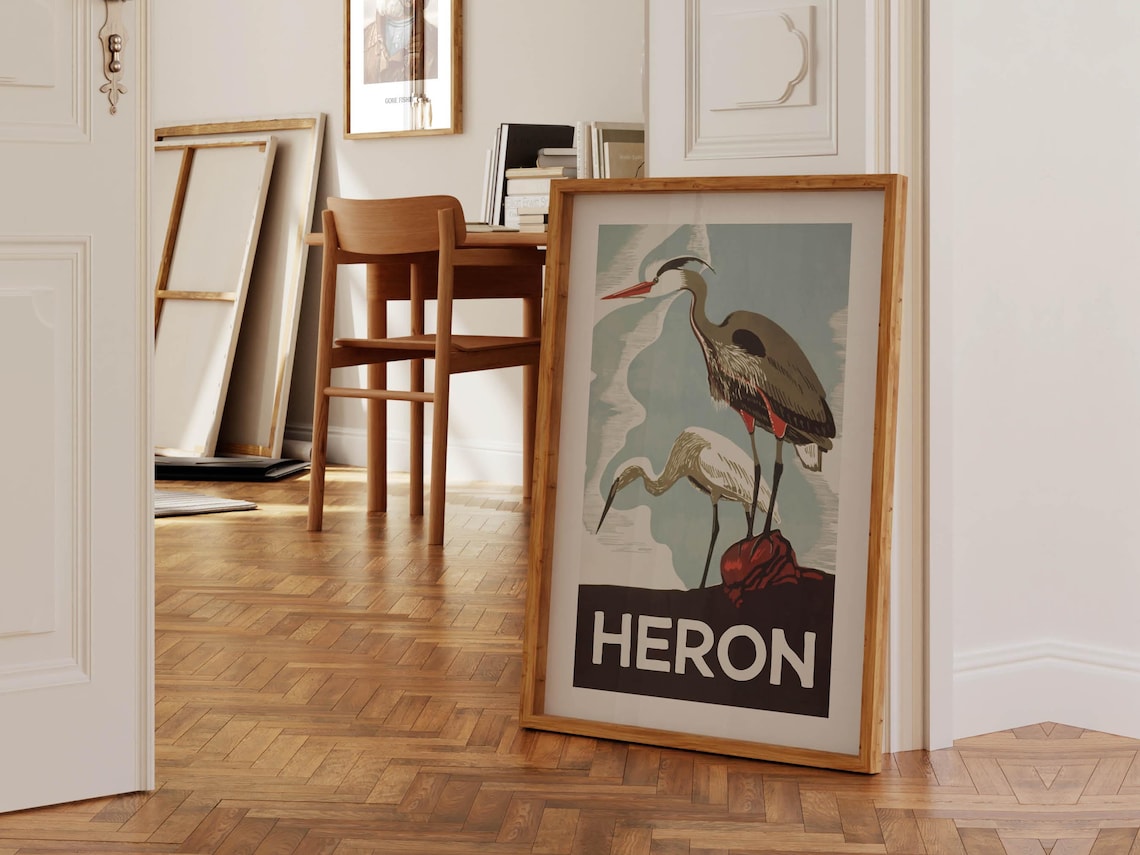 Heron Print, Retro Fishing Art Poster