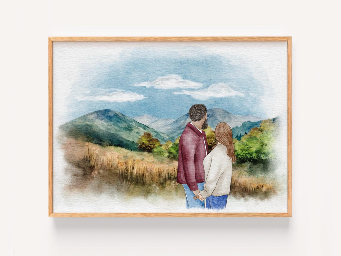 Couple Holding Hands Viewing Mountains Watercolor Portrait Poster