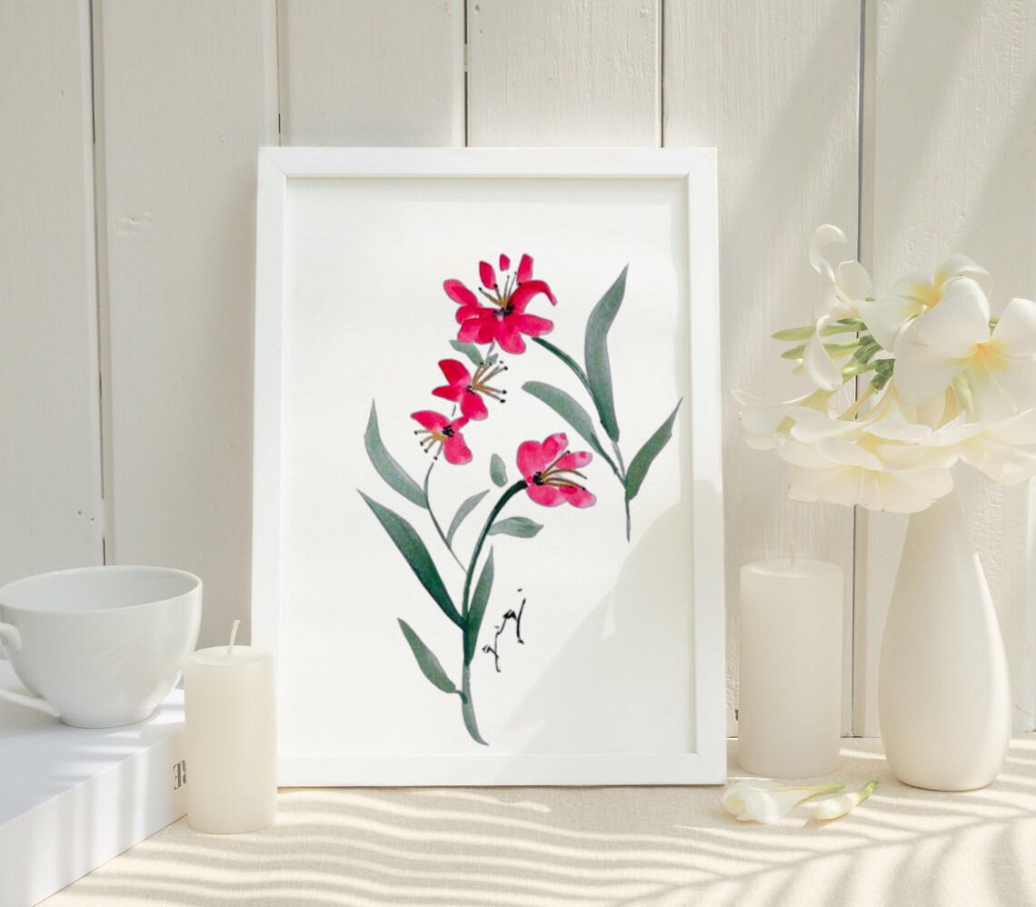 Elegant Crimson Red Pink Blossom Watercolor Minimal Floral Poster