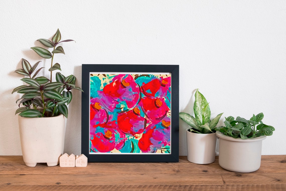 Bold Red Abstract Floral Bursts With a Teal Watercolor Poster