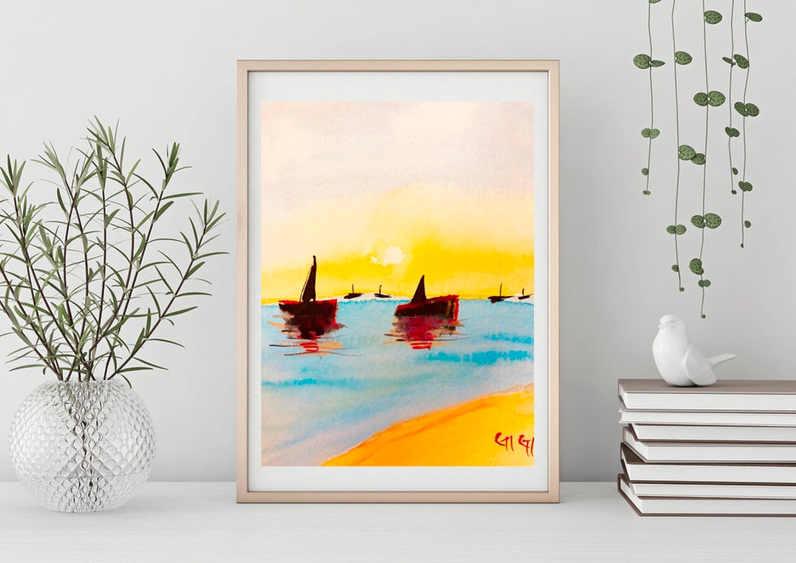Red Sailboats at Golden Sunset Ocean Watercolor Coastal Poster