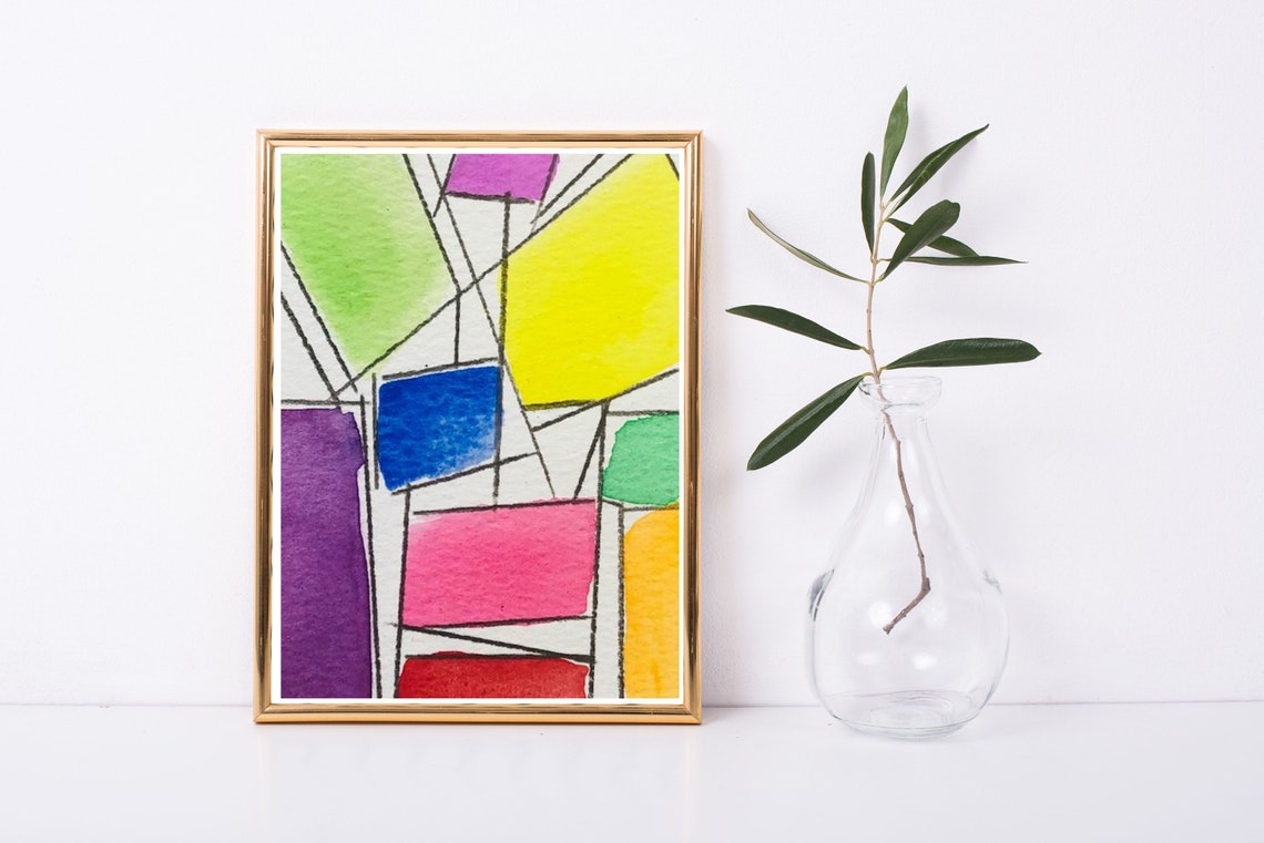 Vibrant Watercolor Color Block Grid Geometric Abstract Poster