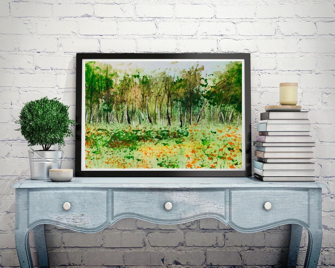 Orange Wildflower Meadow Before Green Trees Watercolor Poster