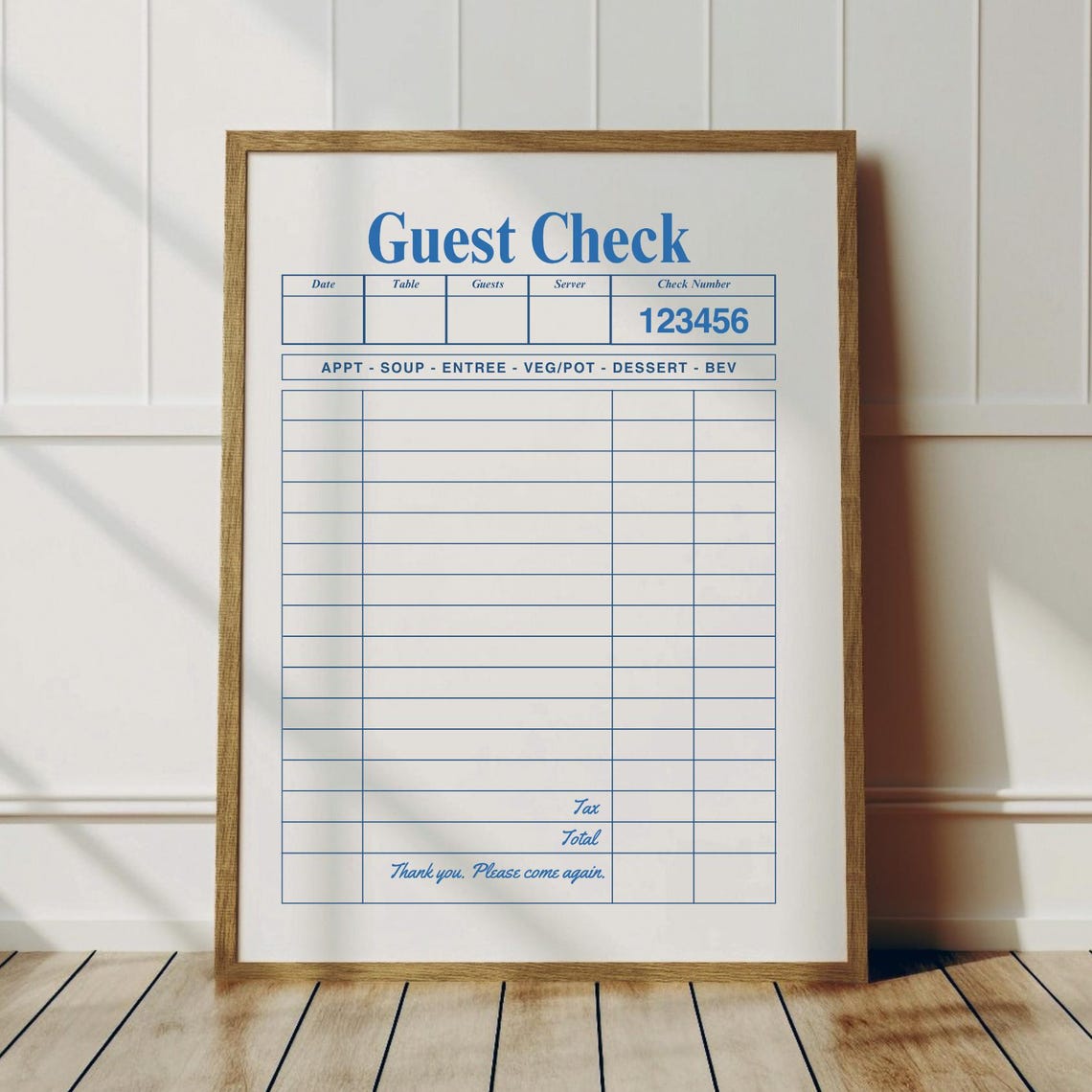 Vintage Guest Check Restaurant Receipt Blue Typography Poster