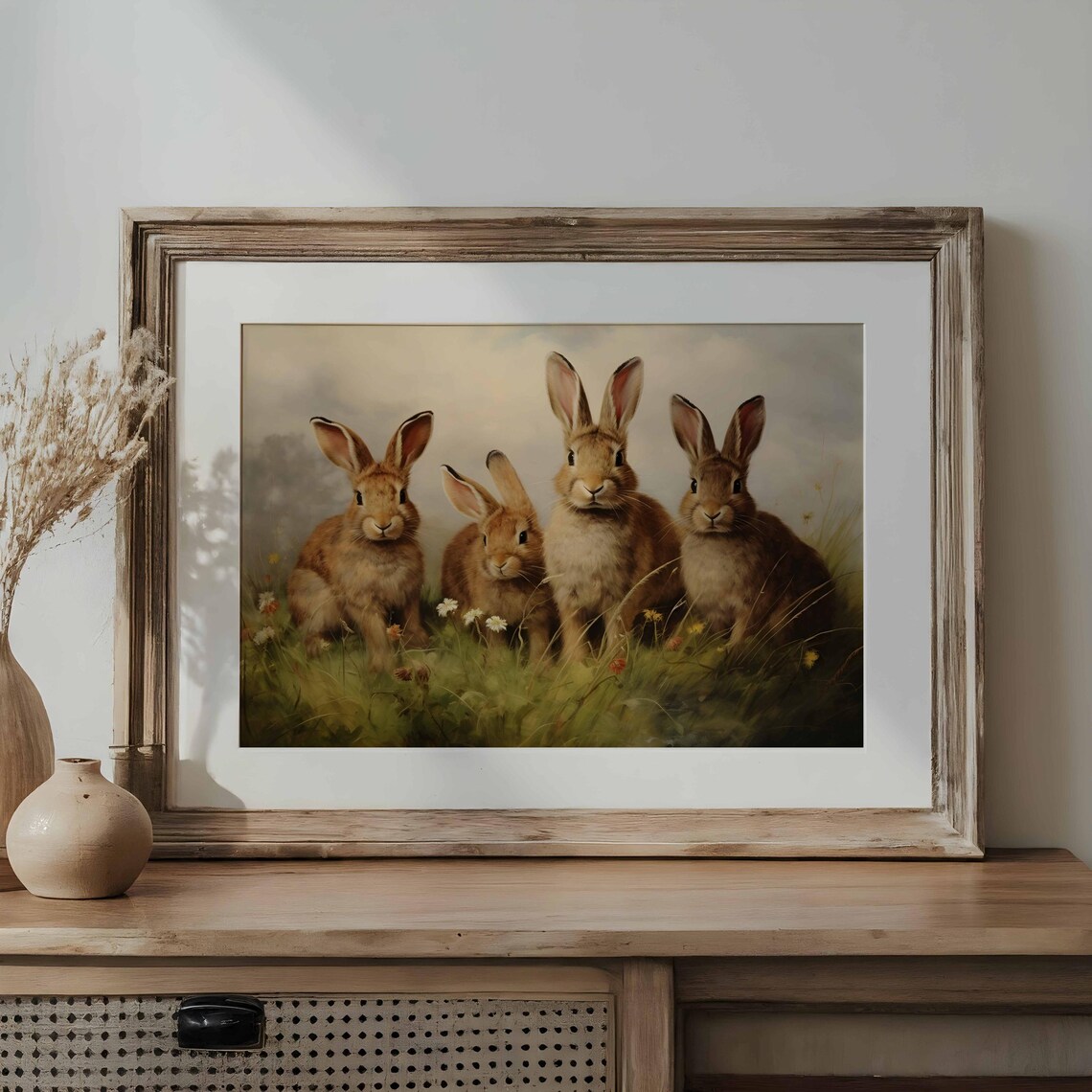 Brown Rabbits In Wildflower Meadow Vintage Animal Painting Wall Art - Image 3