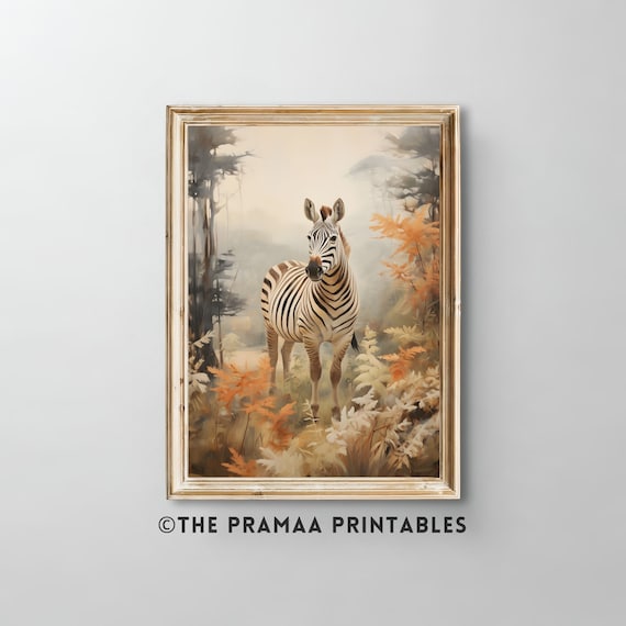Zebra Standing in a Misty Autumn Forest Vintage Wildlife Poster