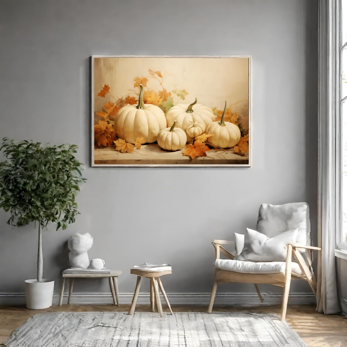 White Pumpkins with Autumn Leaves Rustic Fall Still Life Poster - Image 3