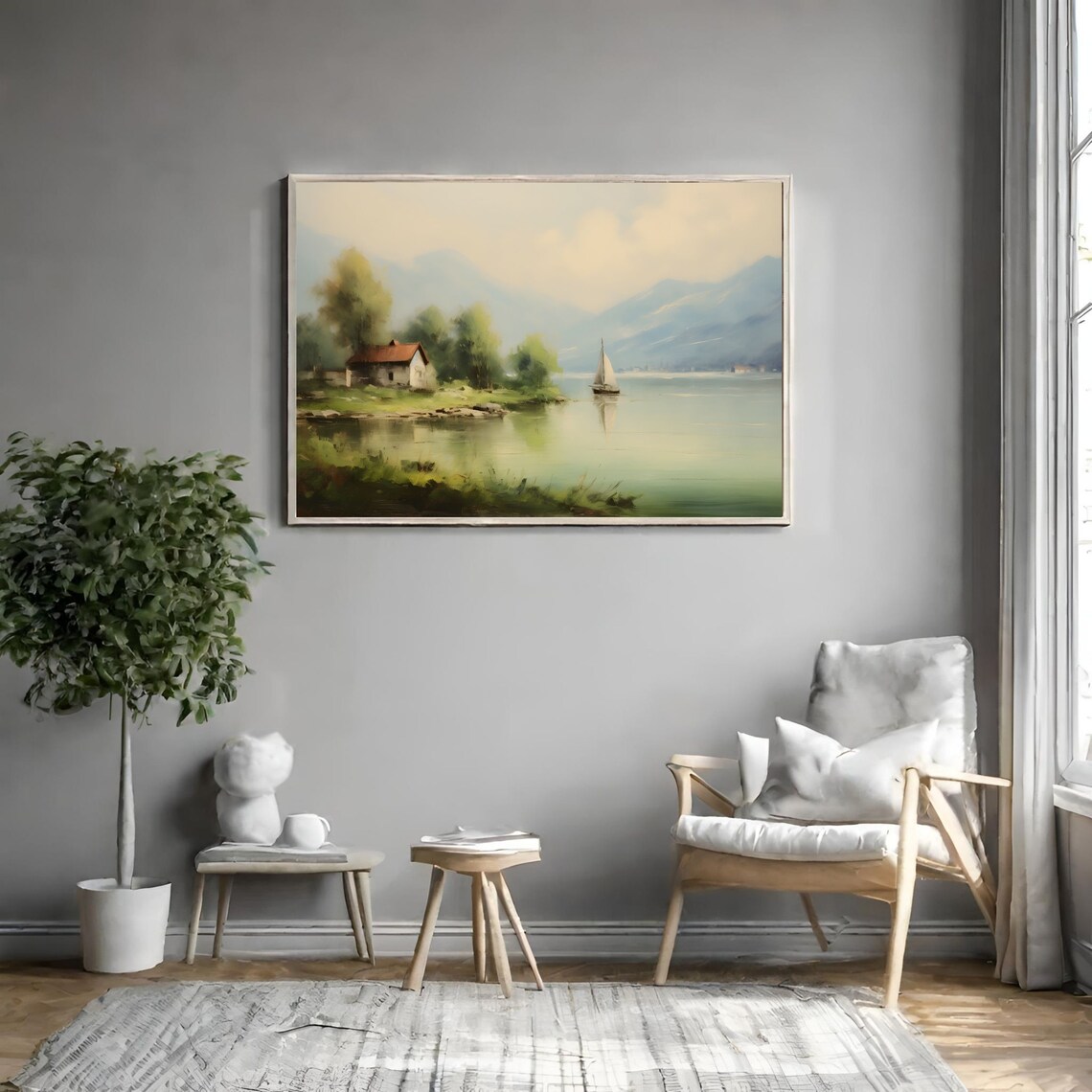 Lakeside Cottage with Sailboat and Mountains Serene Painting Poster - Image 3