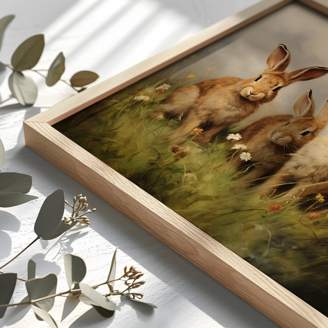 Brown Rabbits In Wildflower Meadow Vintage Animal Painting Wall Art - Image 2