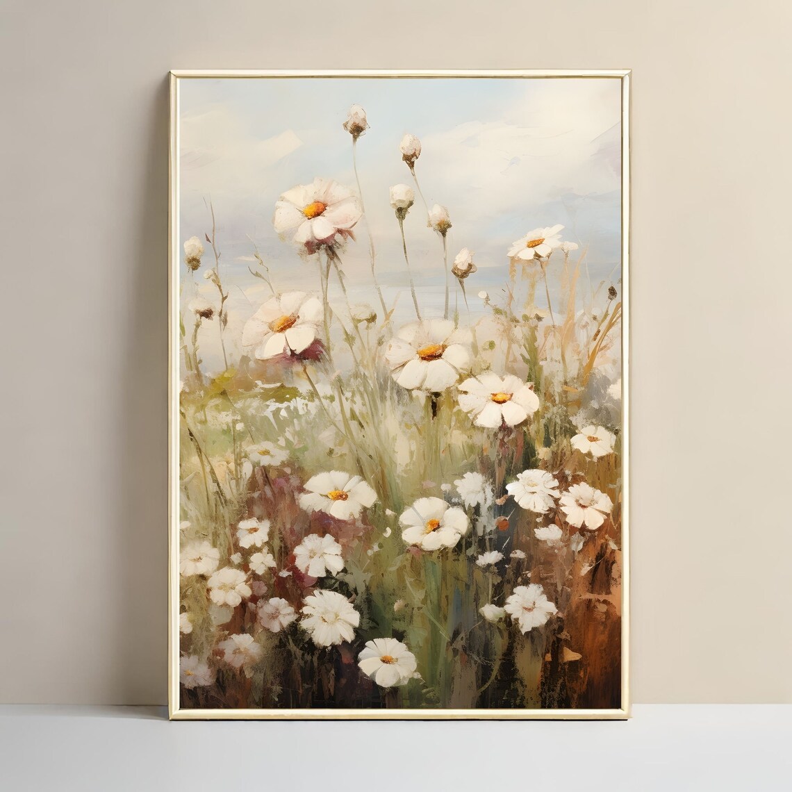 White Daisies in Wildflower Meadow Vintage Botanical Painting Poster - Image 3