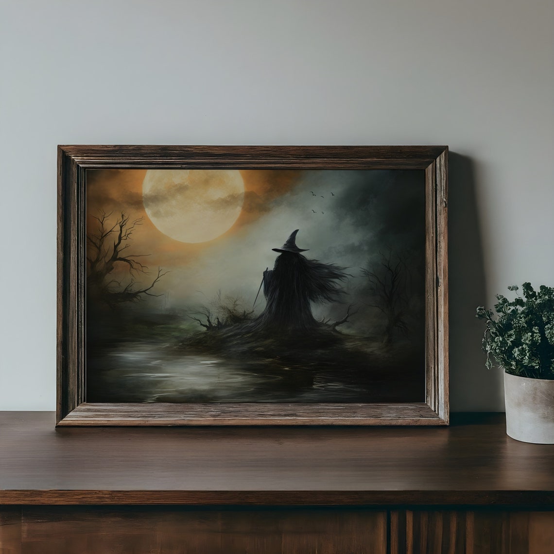 Witch Silhouette Under Full Moon Spooky Halloween Painting Poster - Image 3
