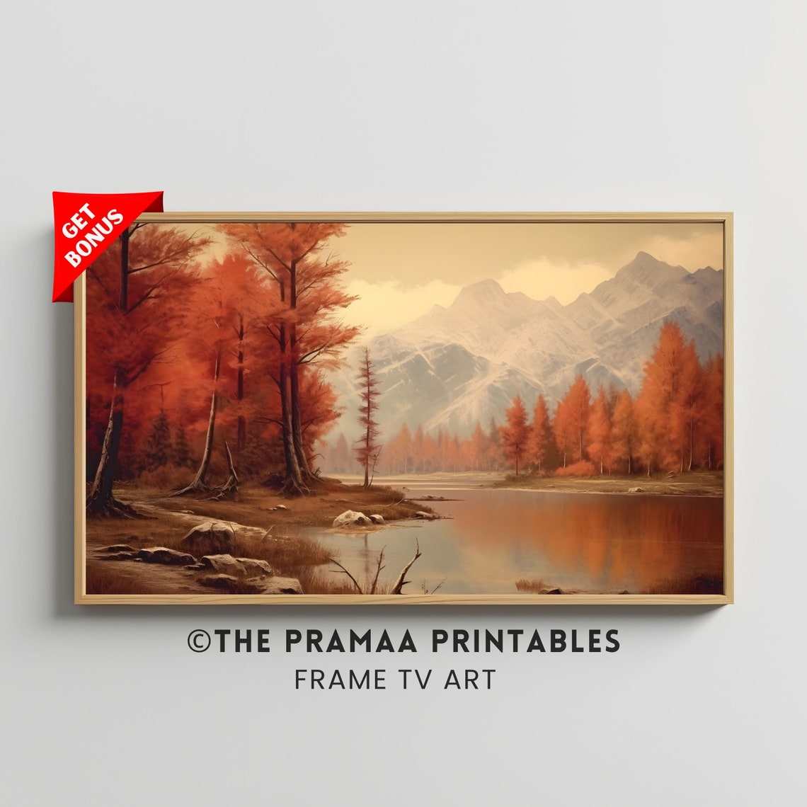 Fiery Autumn Trees by a Mountain Lake Fall Landscape Painting Poster