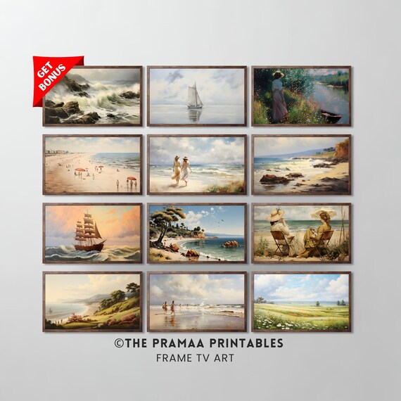 Set of 12 Summer Beach Coastal Vintage Frame TV Art Bundle Poster