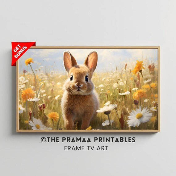 Cute Bunny in Daisy Field Vintage Spring Wildflower Meadow Poster