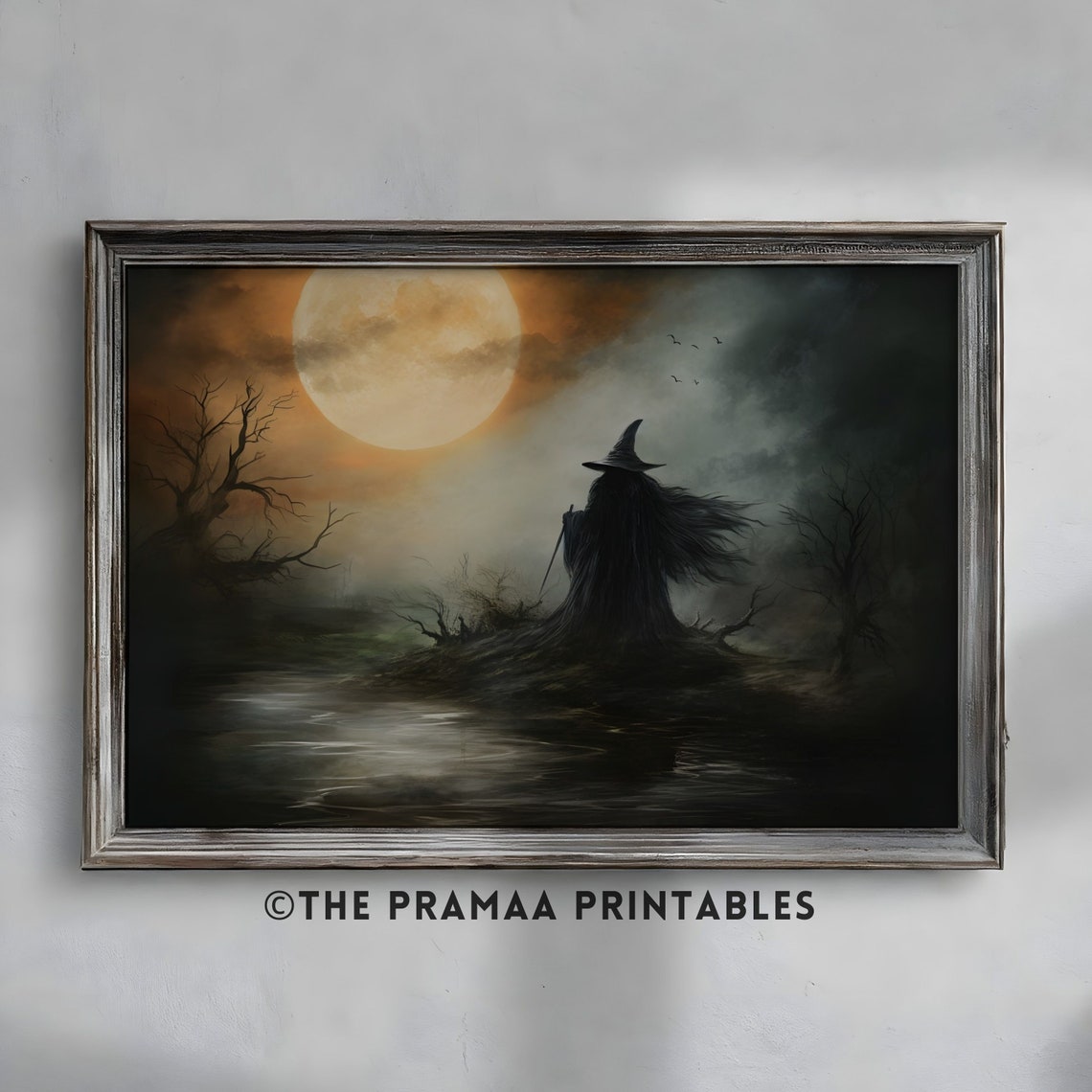 Witch Silhouette Under Full Moon Spooky Halloween Painting Poster