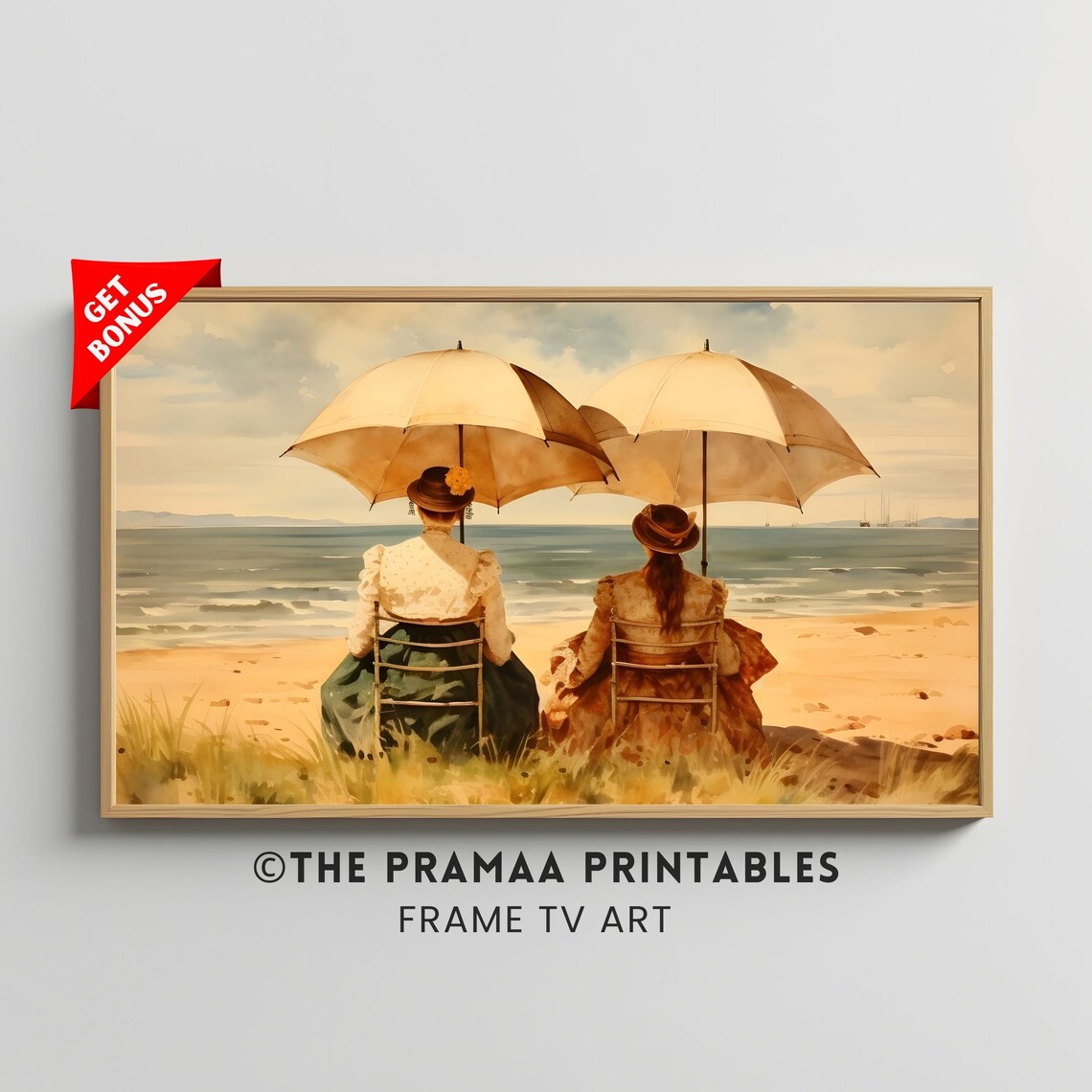 Two Women with Parasols on Beach Vintage Seaside Art Painting Poster