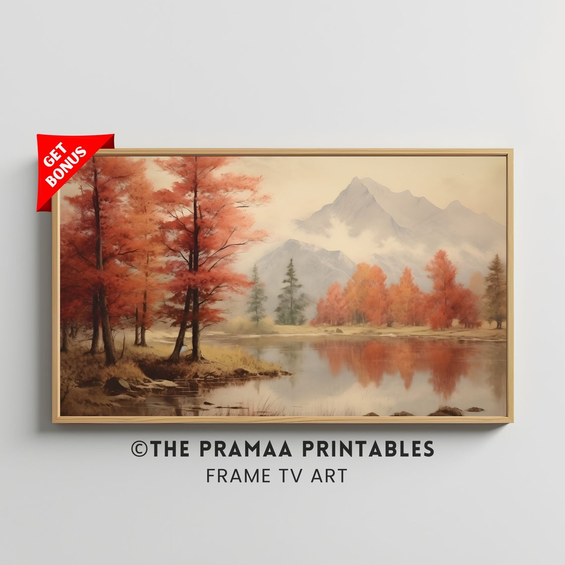 Red Autumn Trees by Mountain Lake Vintage Fall Landscape Poster