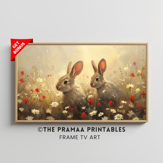Two Rabbits in a Wildflower Meadow Golden Hour Painting Poster