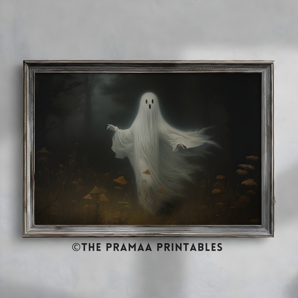 Cute Ghost in a Dark Autumn Forest Spooky Halloween Painting Poster