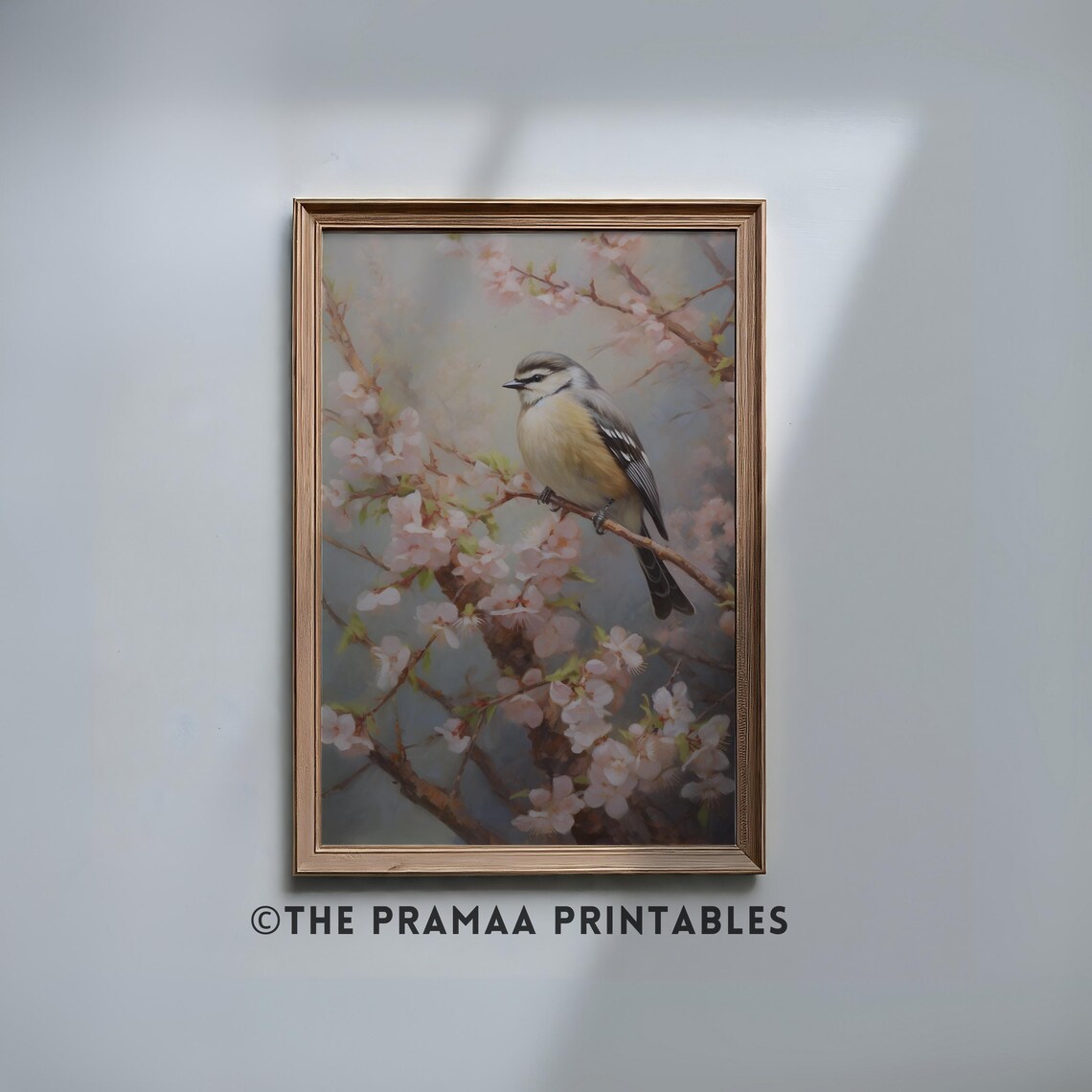 Blue Tit on a Pink Blossom Branch Charming Spring Bird Painting Poster
