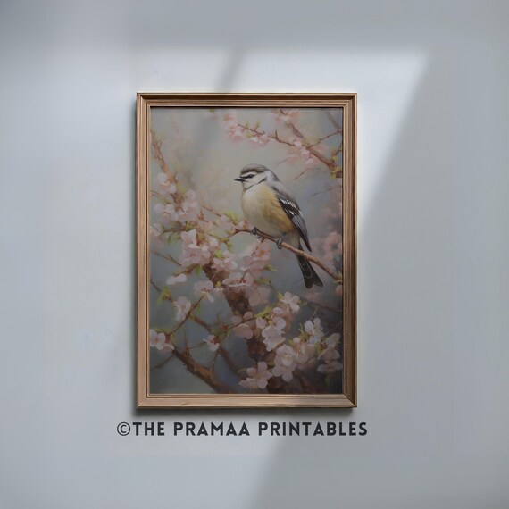 Blue Tit on a Pink Blossom Branch Charming Spring Bird Painting Poster