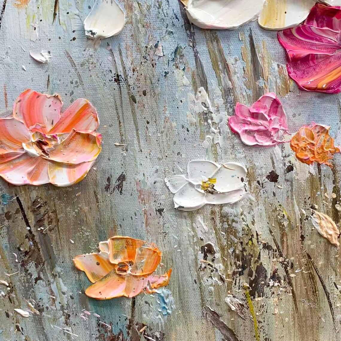 Blue Sky Blooming Flowers Oil Painting Wall Art - Image 2