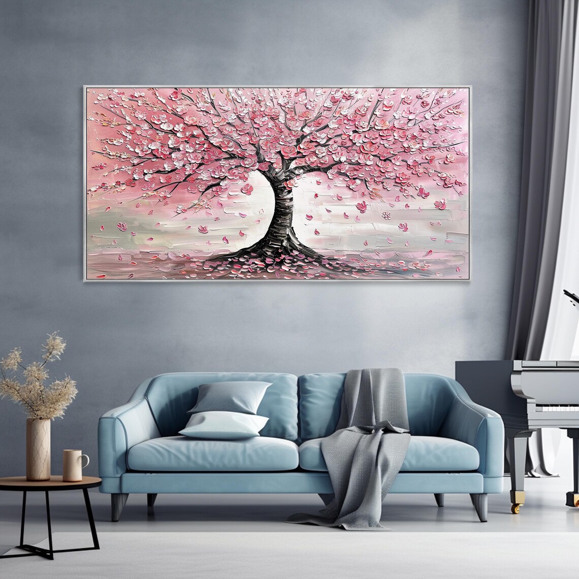 Pink Cherry Blossom Tree Falling Petals Impasto Painting Poster - Image 3