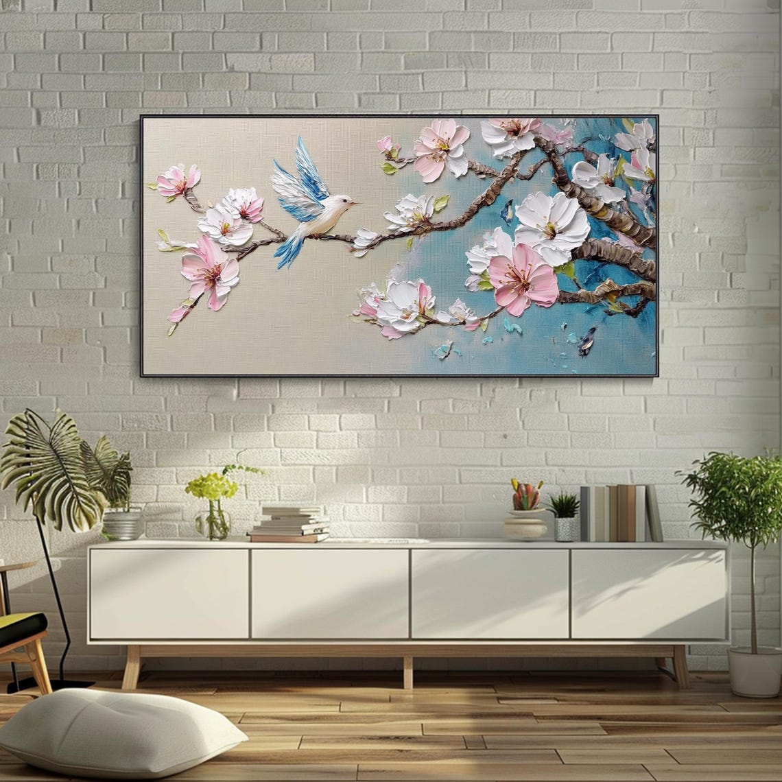 Bluebird on Cherry Blossom Branch 3D Textured Spring Art Poster - Image 3