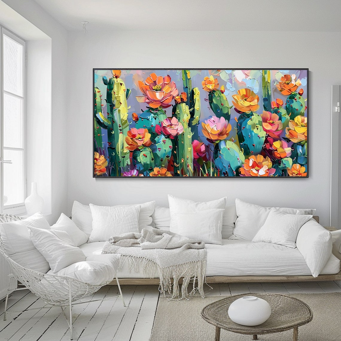 Blooming Cactus Garden Pink Orange Desert Thick Texture Oil Poster - Image 2