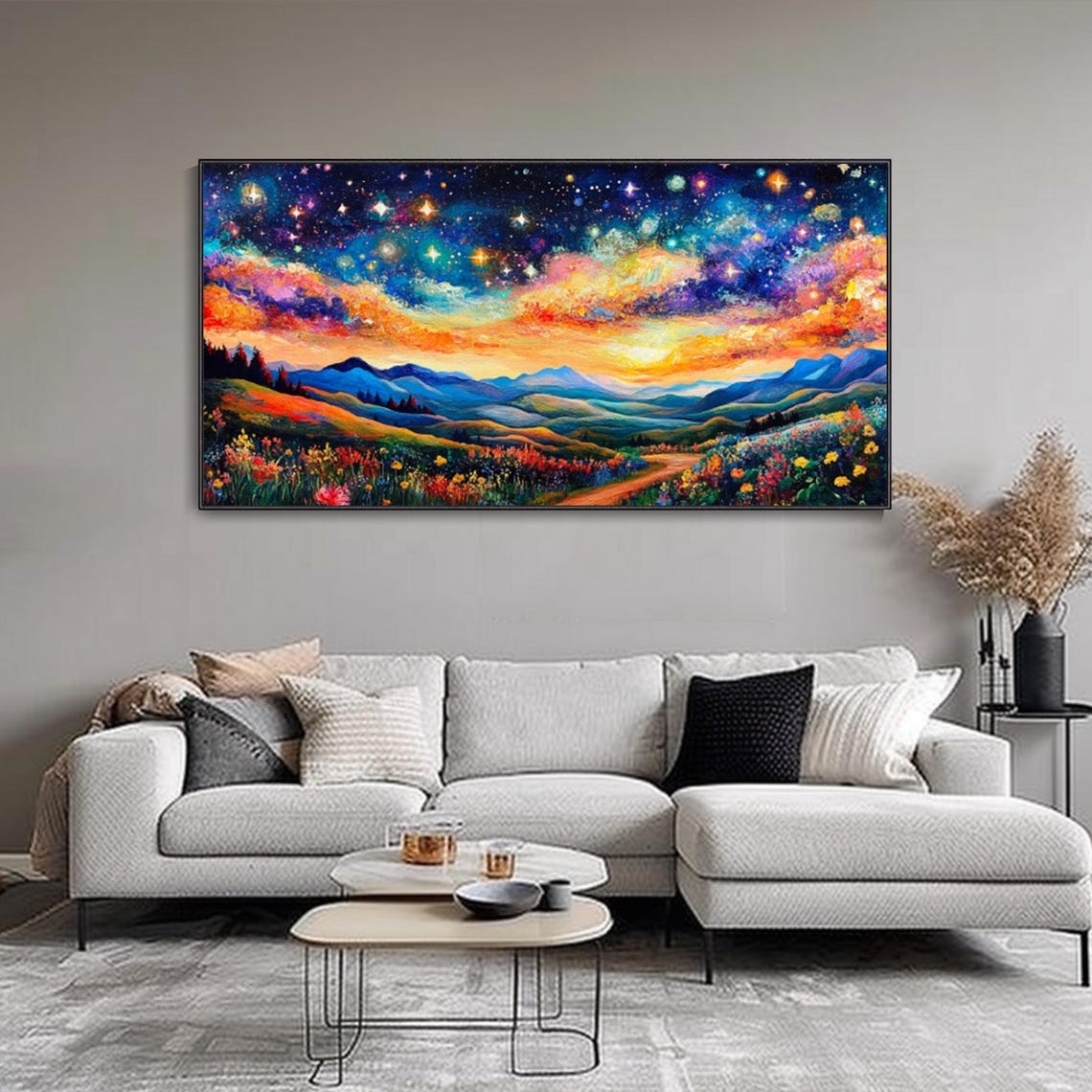 Starry Night Sky Valley Meadow 3D Textured Mountain Landscape Poster - Image 3