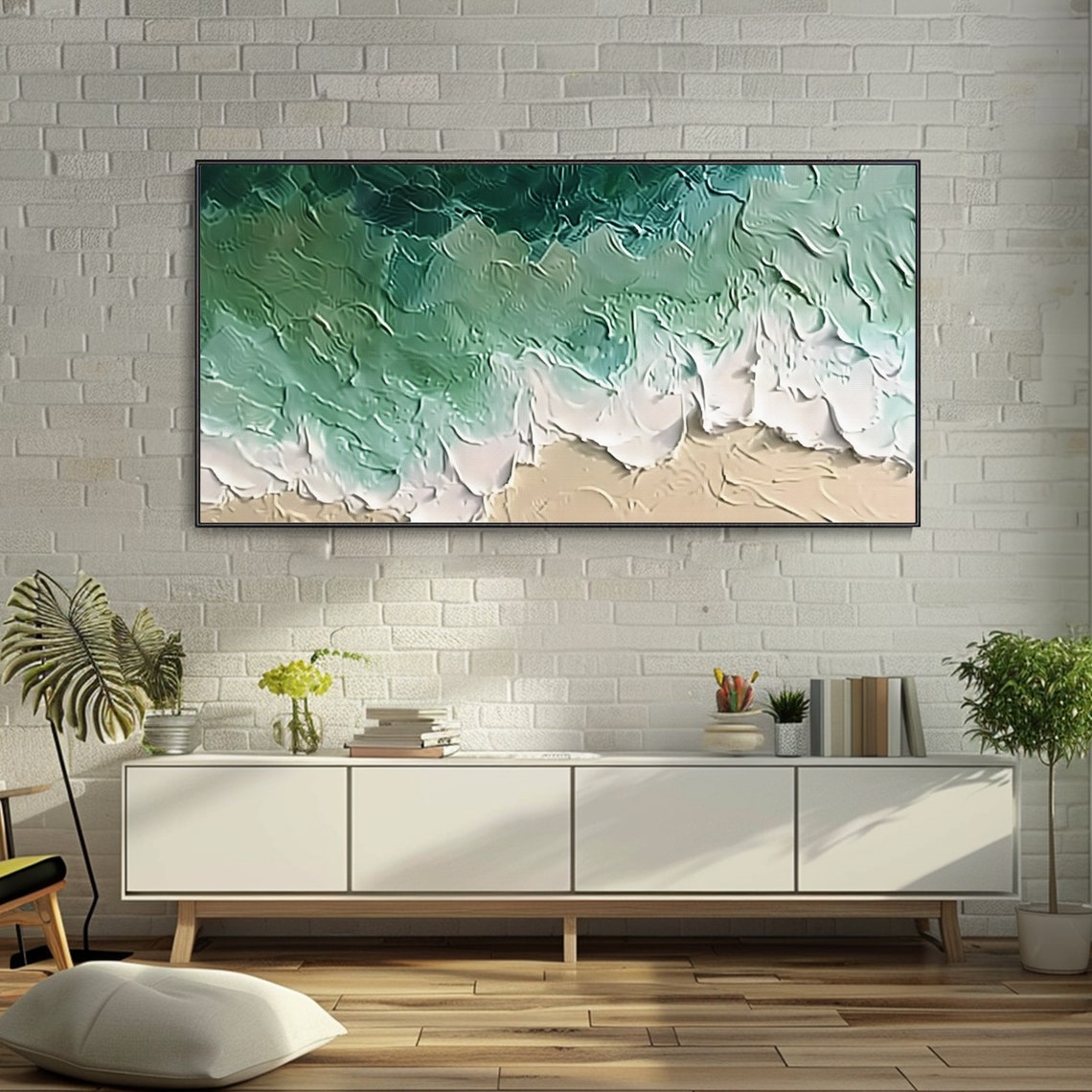 Turquoise Seascape White Foam Waves Sandy Beach Texture Oil Poster - Image 3