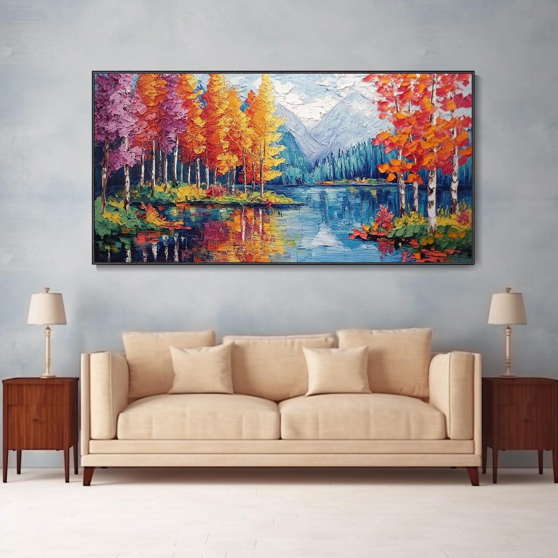 Autumn Forest Lake Reflection Birch Trees Mountain Oil Poster - Image 2