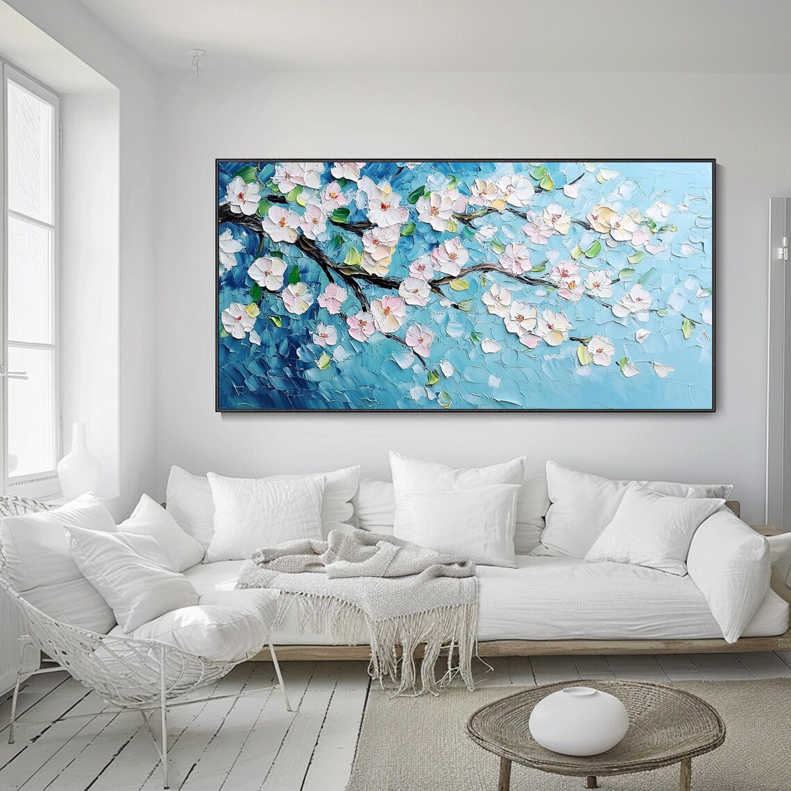 Blooming White Cherry Blossom Branch 3D Textured Oil Painting Poster - Image 2